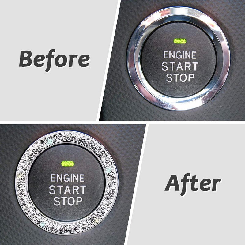 ToBeQueen Car Bling Ring Crystal Car Stickers Rings Womens Car Decals,2Pcs Push Start Button Bling Ignition Ring Sticker,Bling Car Interior Accessory for Women,Silver - Image 2